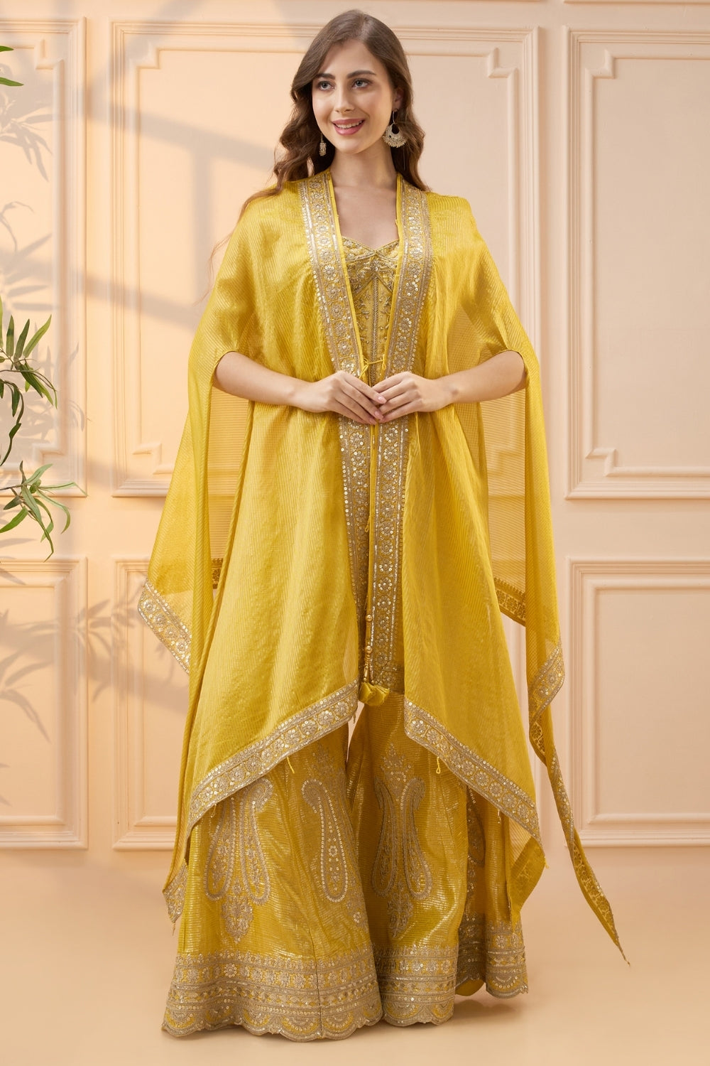 Yellow Organza Palazzo Set with Cutdana and Zardosi