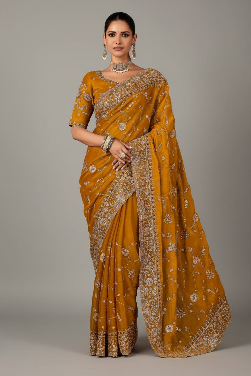 Yellow Organza Tissue Saree with Embroidery and Sequins Work