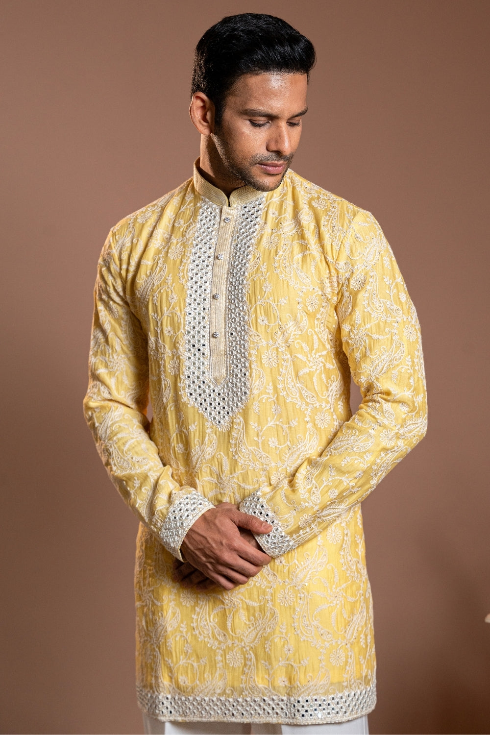 Yellow Semi Silk Kurta Set with Mirror and Sequins Work
