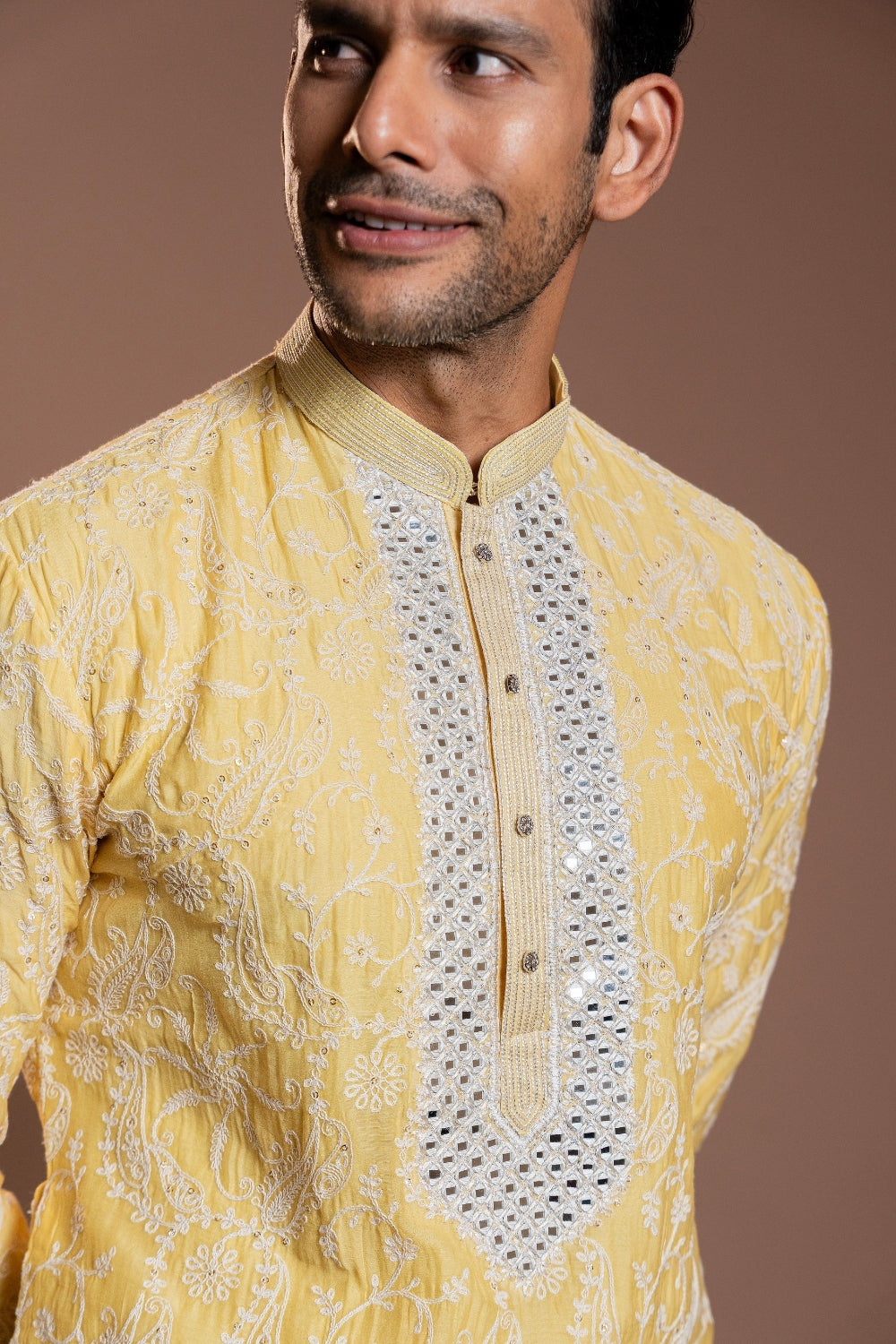 Yellow Semi Silk Kurta Set with Mirror and Sequins Work