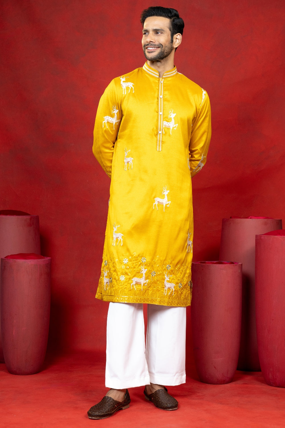 Yellow Silk Embroidered Kurta Set