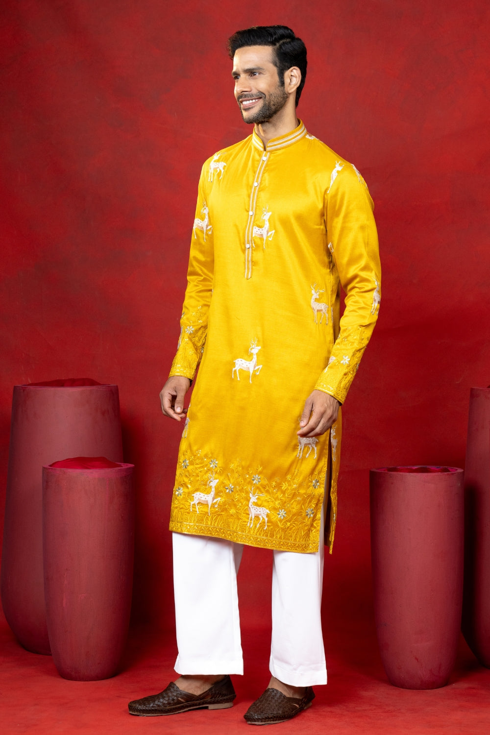Yellow Silk Embroidered Kurta Set