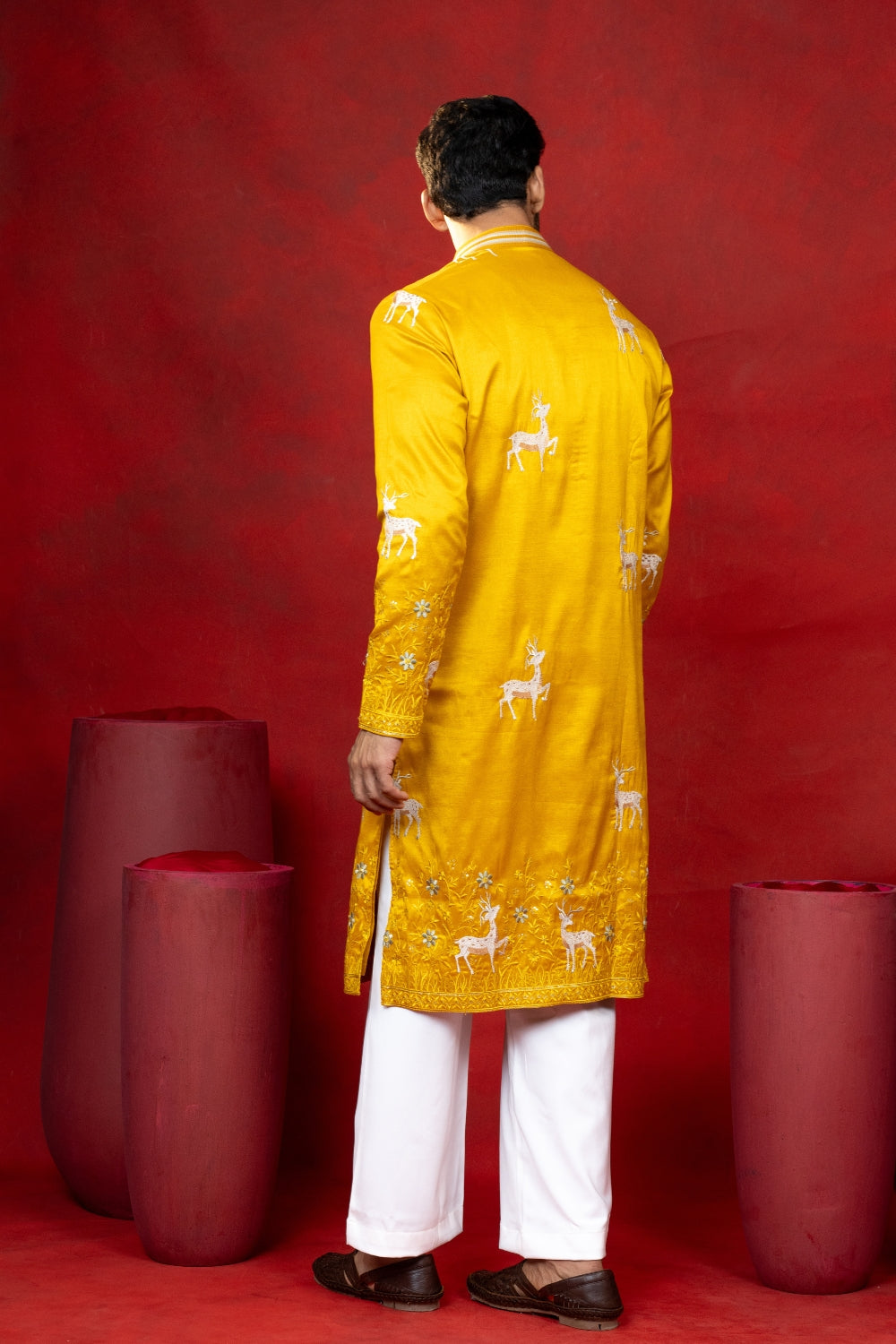 Yellow Silk Embroidered Kurta Set
