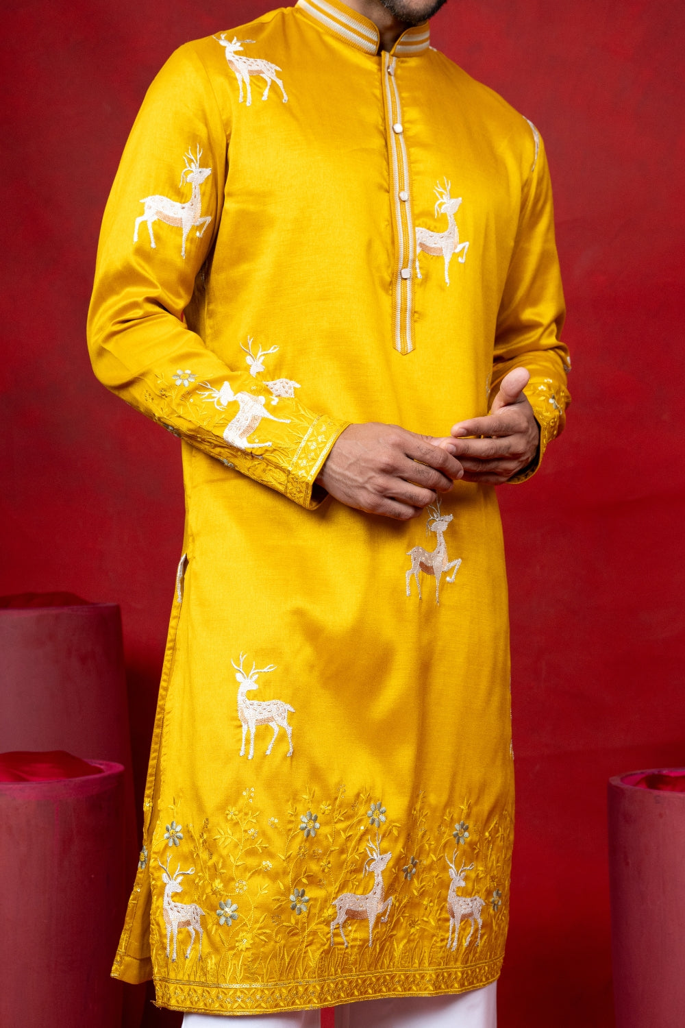 Yellow Silk Embroidered Kurta Set