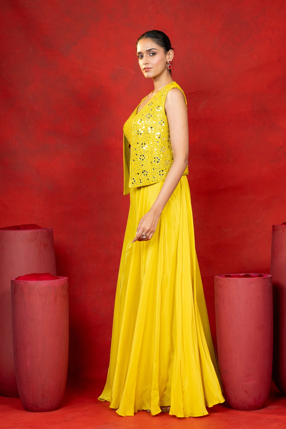 Yellow Silk Indo Western with Mirror Embroidery