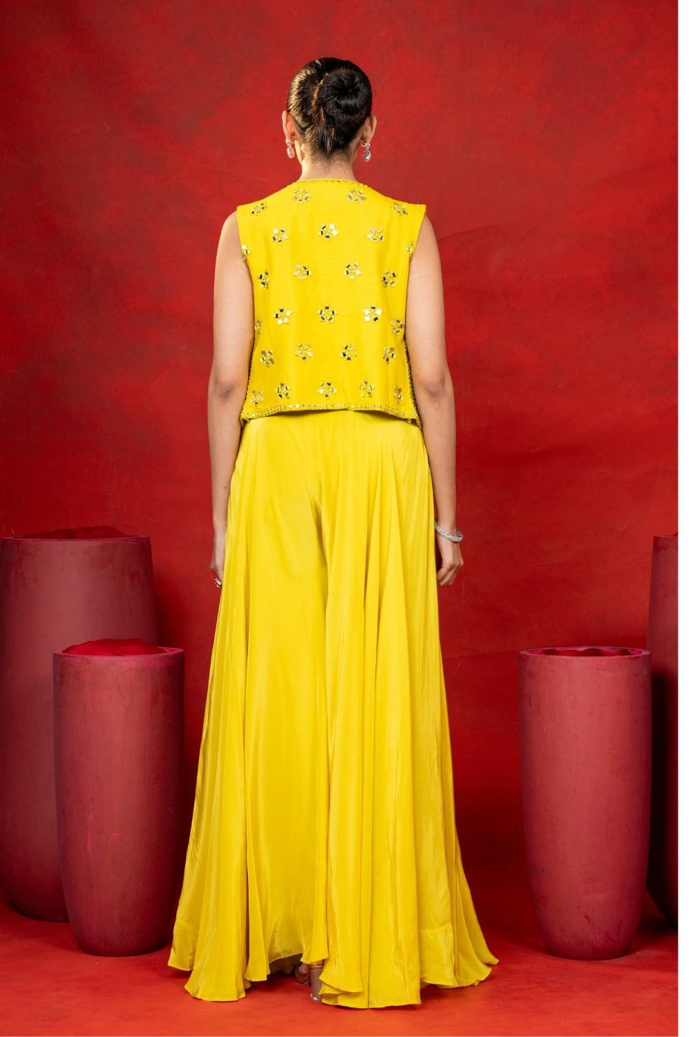 Yellow Silk Indo Western with Mirror Embroidery
