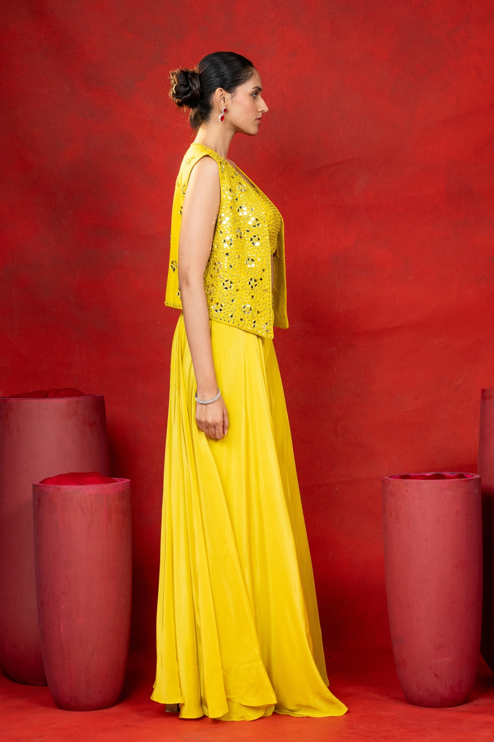Yellow Silk Indo Western with Mirror Embroidery