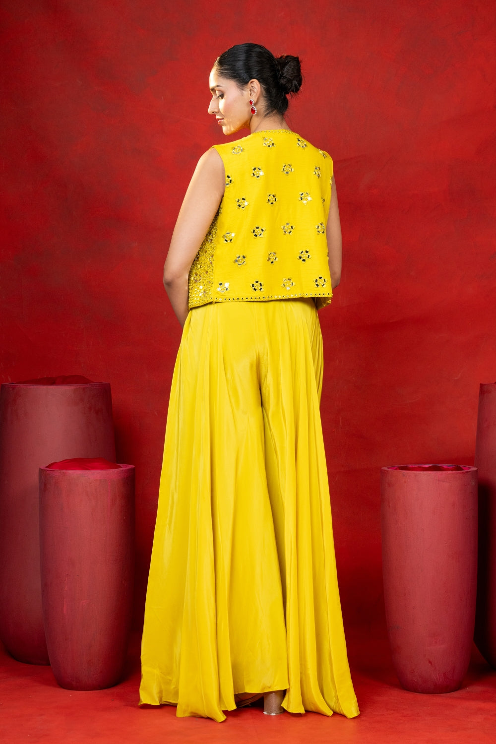 Yellow Silk Indo Western with Mirror Embroidery