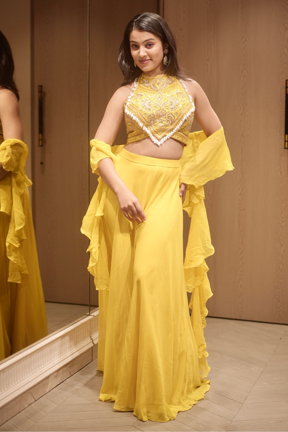 Yellow Silk Indo Western with Shells and Cutdana Work