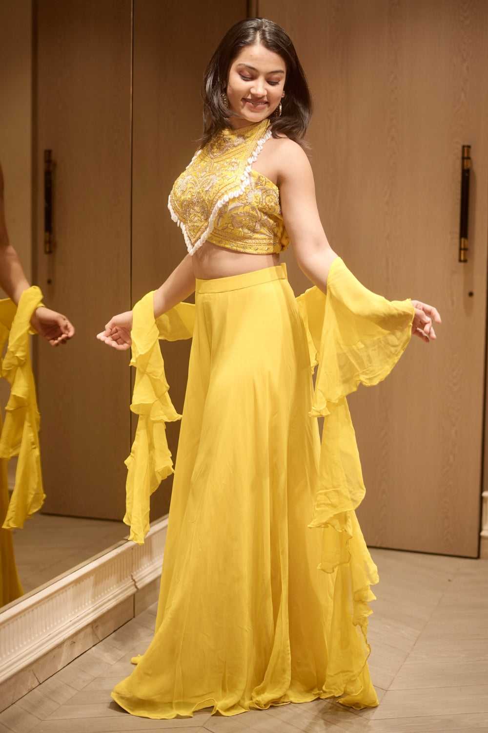 Yellow Silk Indo Western with Shells and Cutdana Work