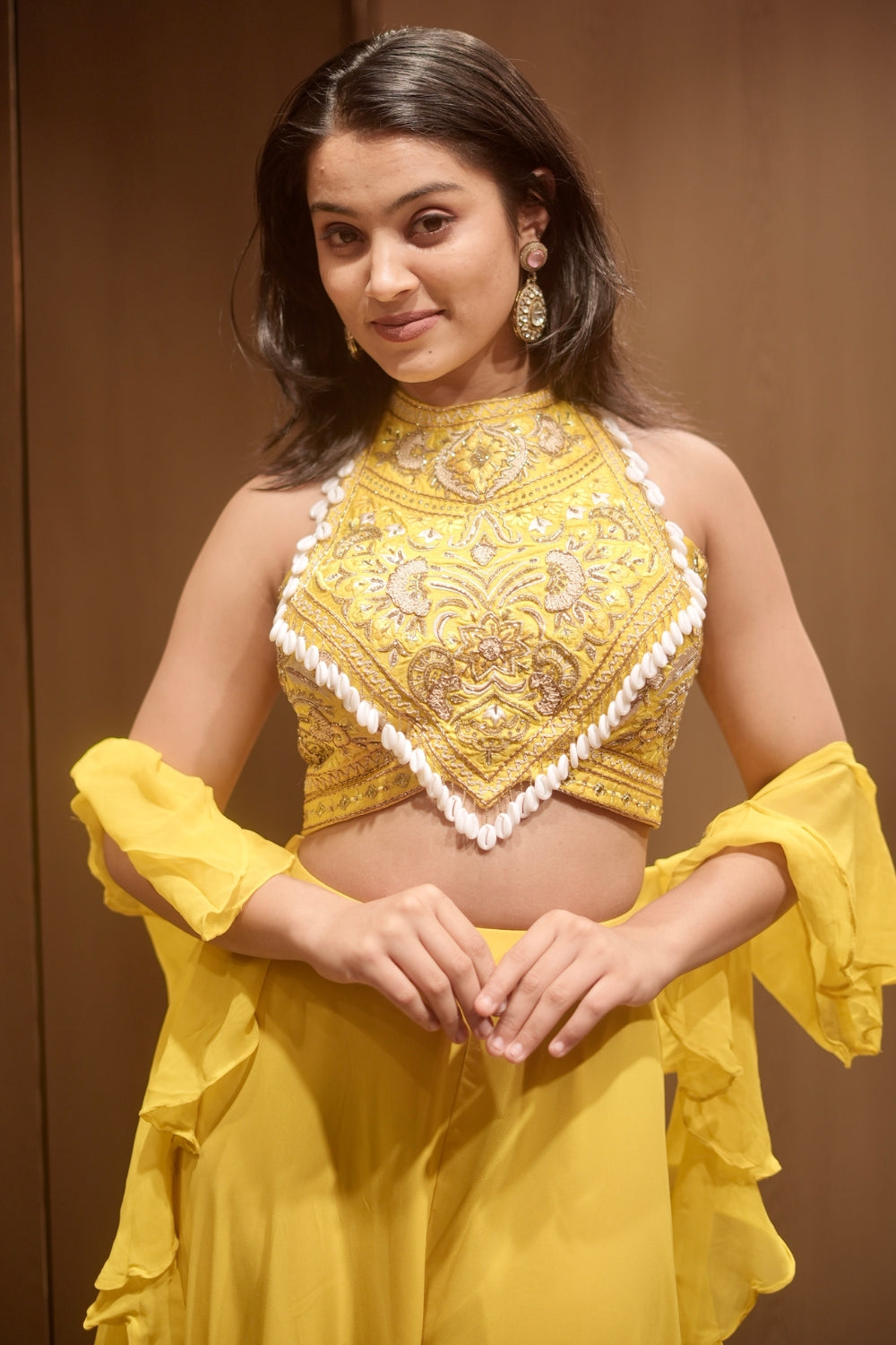 Yellow Silk Indo Western with Shells and Cutdana Work