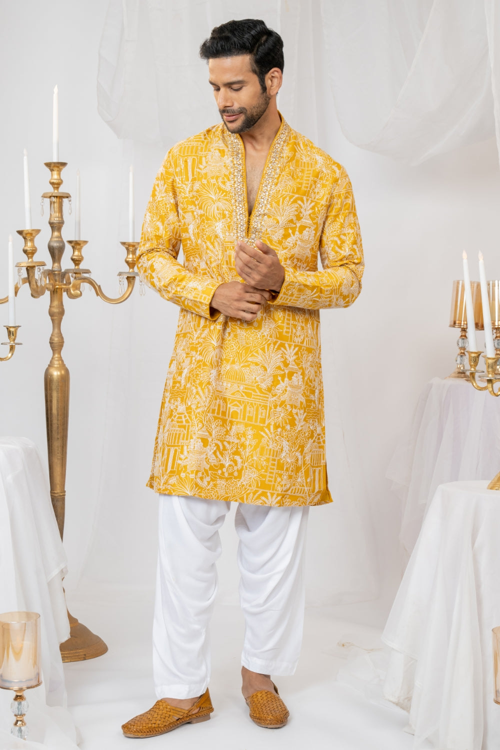 Yellow Silk Kurta Set with Sequins and Embroidery Work