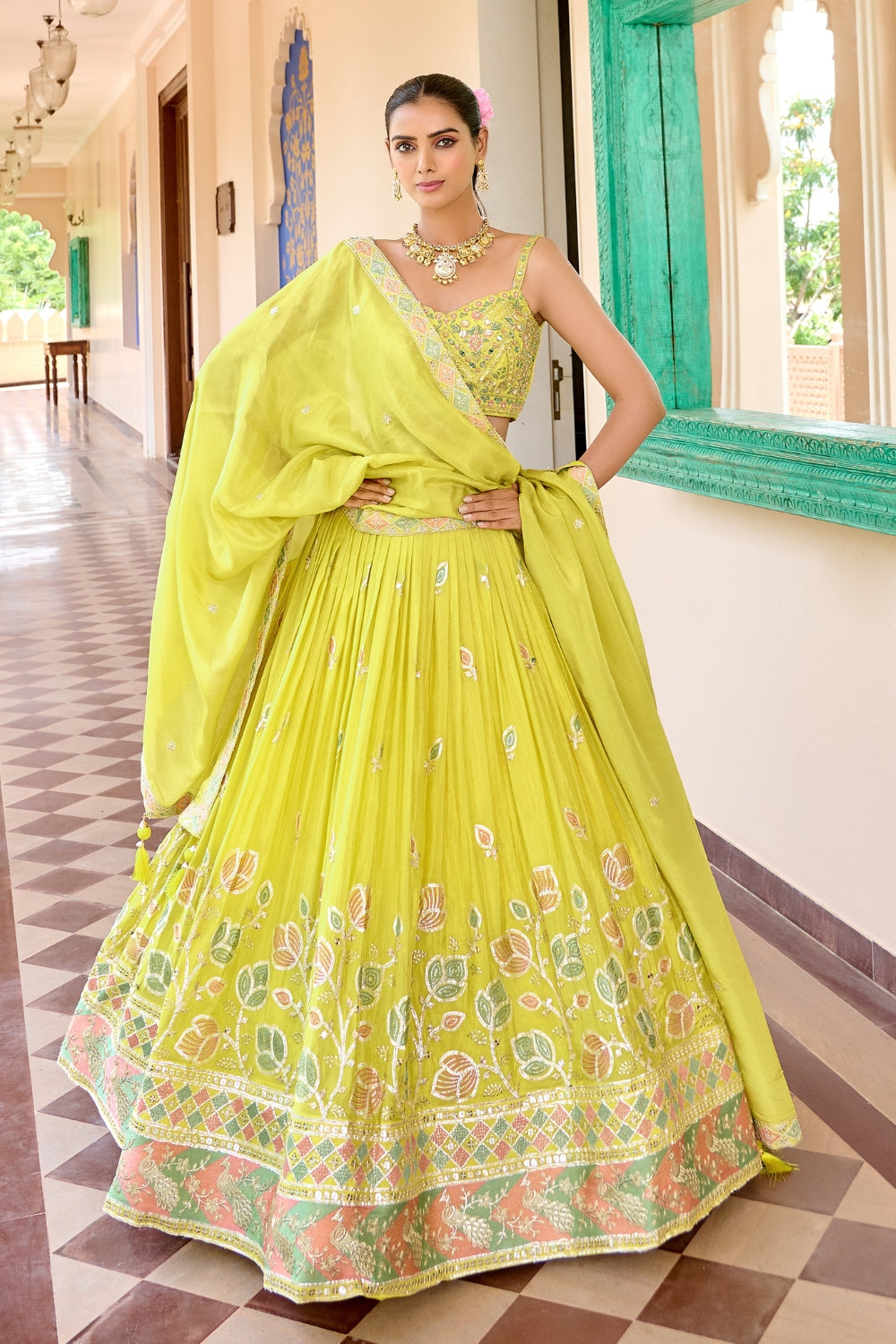 Yellow Silk Lehenga Set with Resham Embroidery and Sequins Work