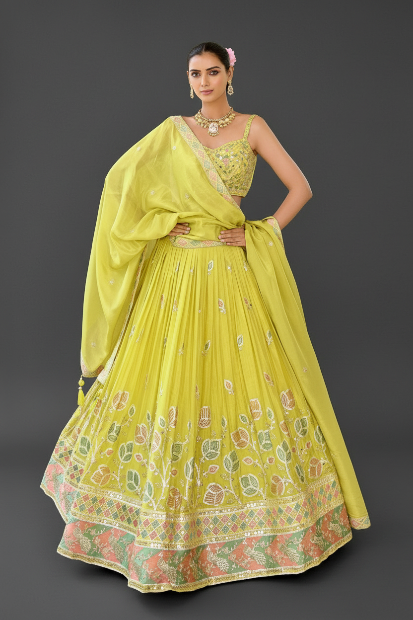 Yellow Silk Lehenga Set with Resham Embroidery and Sequins Work