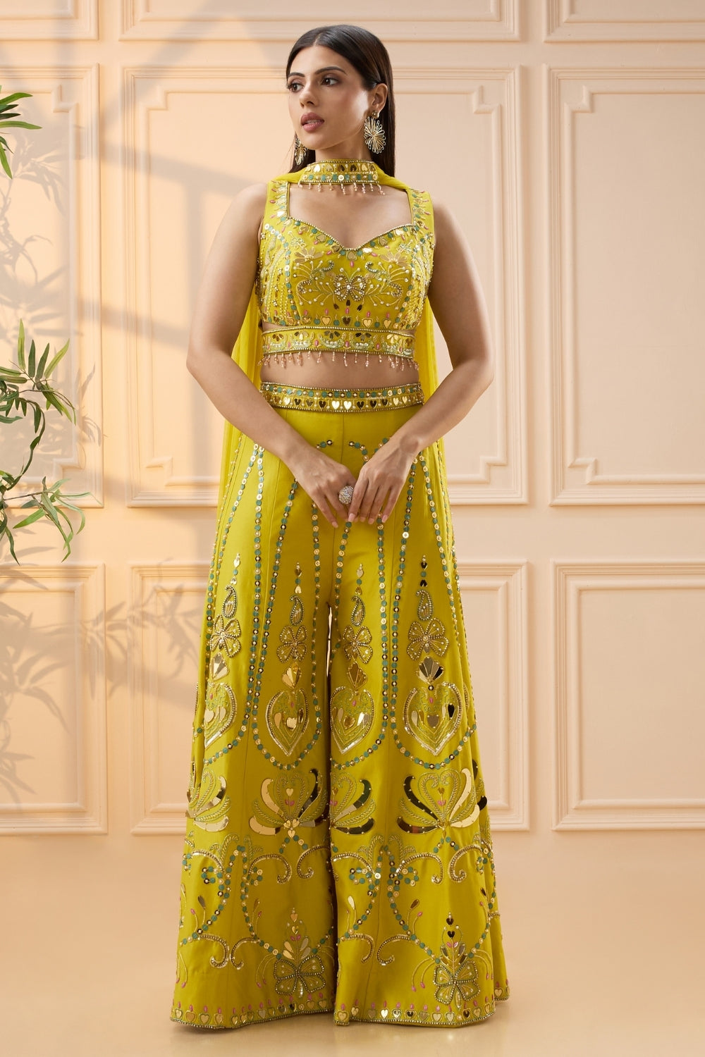 Yellow Silk Palazzo Set with Moti and Cutdana Work