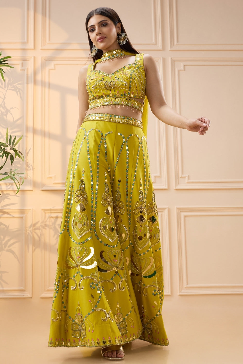 Yellow Silk Palazzo Set with Moti and Cutdana Work