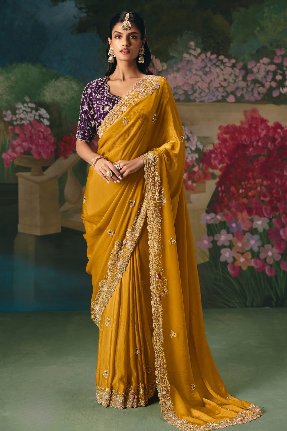 Yellow Silk Saree with Cutdana and Moti Work