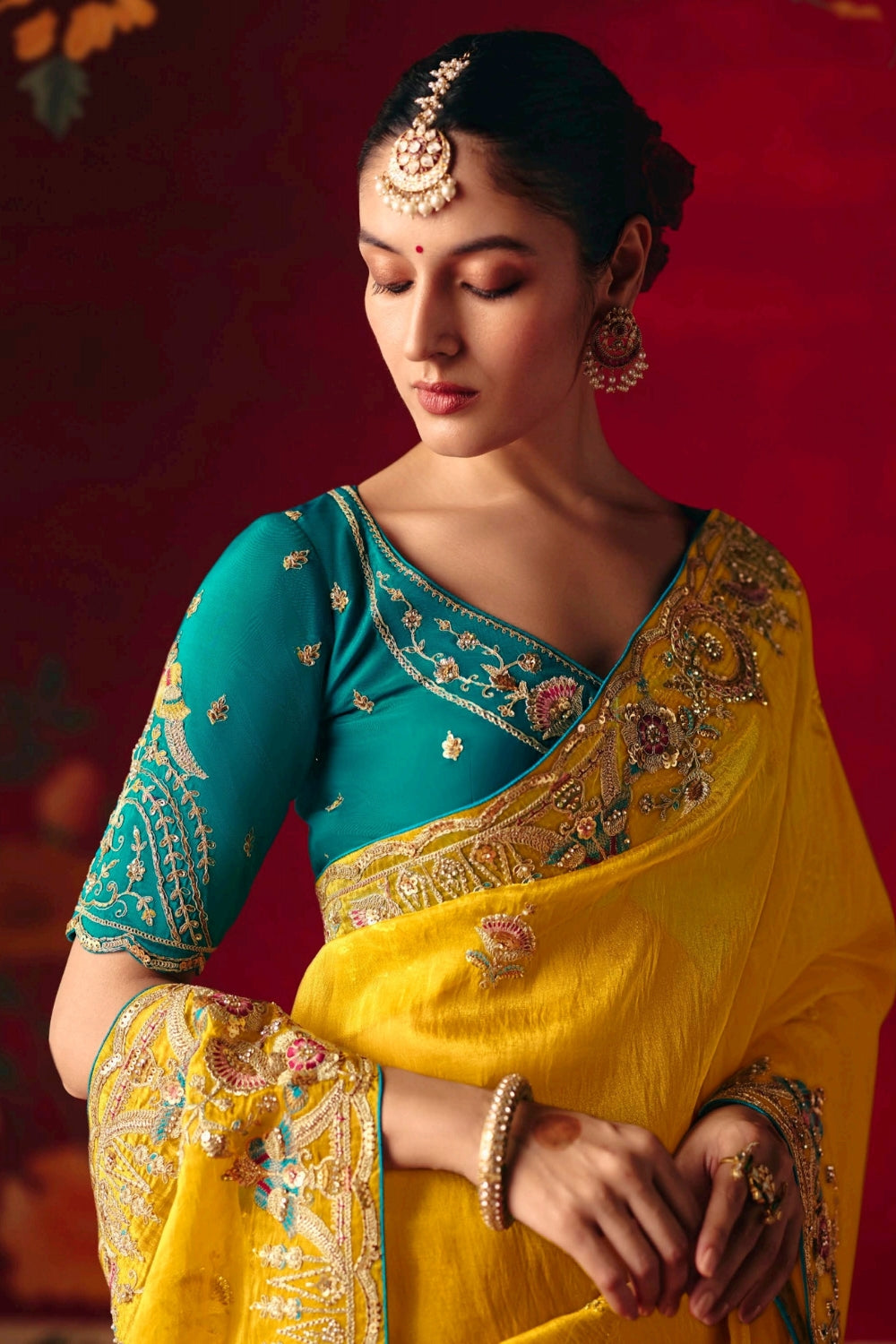 Yellow Silk Saree with Resham Embroidery and Stone Work