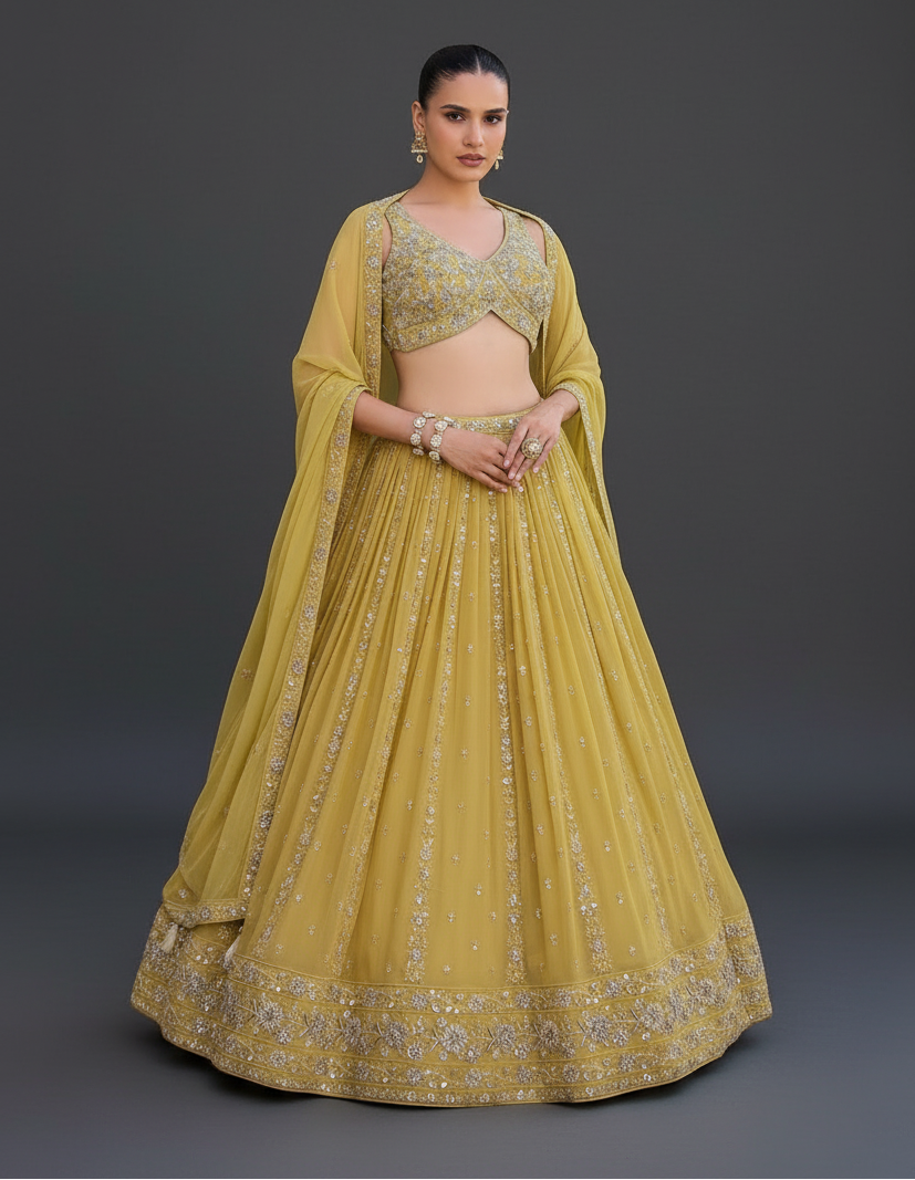 Yellow Tissue Lehenga Set with Cutdana and Moti Work