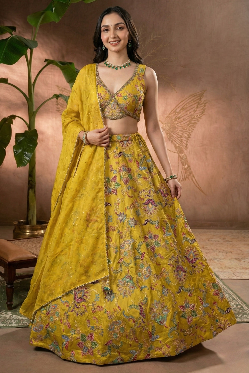 Yellow Tissue Silk Lehenga Set with Embroidery and Sequins Work