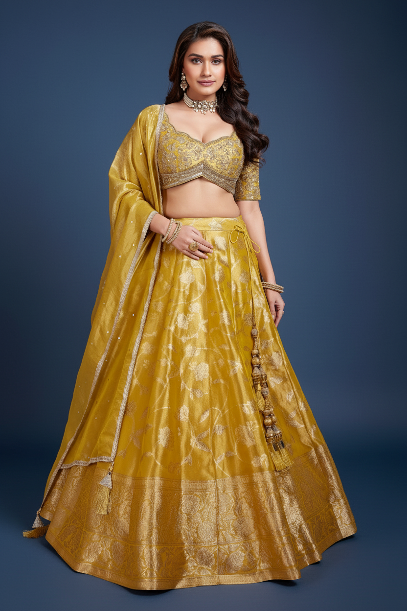 Yellow Tissue Zari Weave Lehenga With Scalloped Neckline Blouse