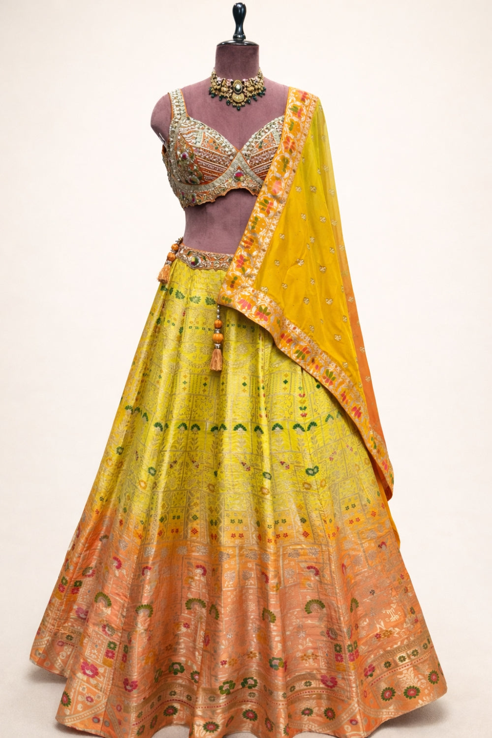 Yellow and Orange Ombre Banarsi Silk Lehenga Set with Cutdana and Moti Work