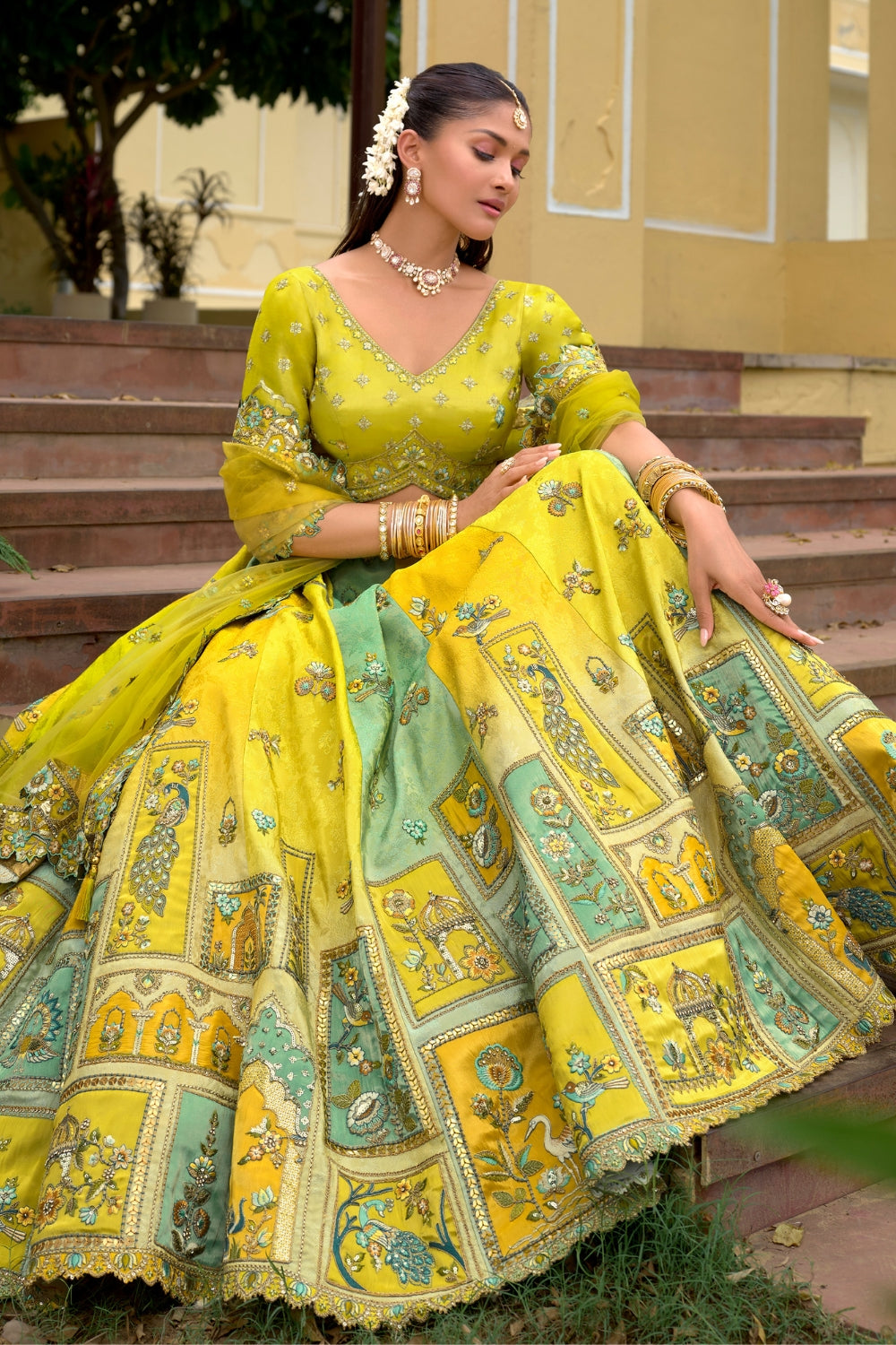 Yellow and Mint Green Lehenga Set with Sequins and Stone Work