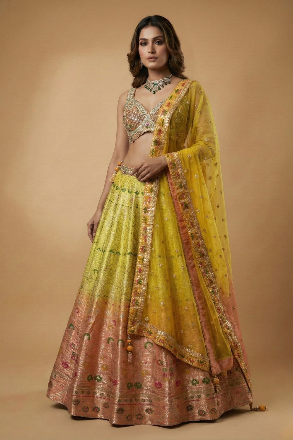 Yellow and Orange Ombre Banarsi Silk Lehenga Set with Cutdana and Moti Work