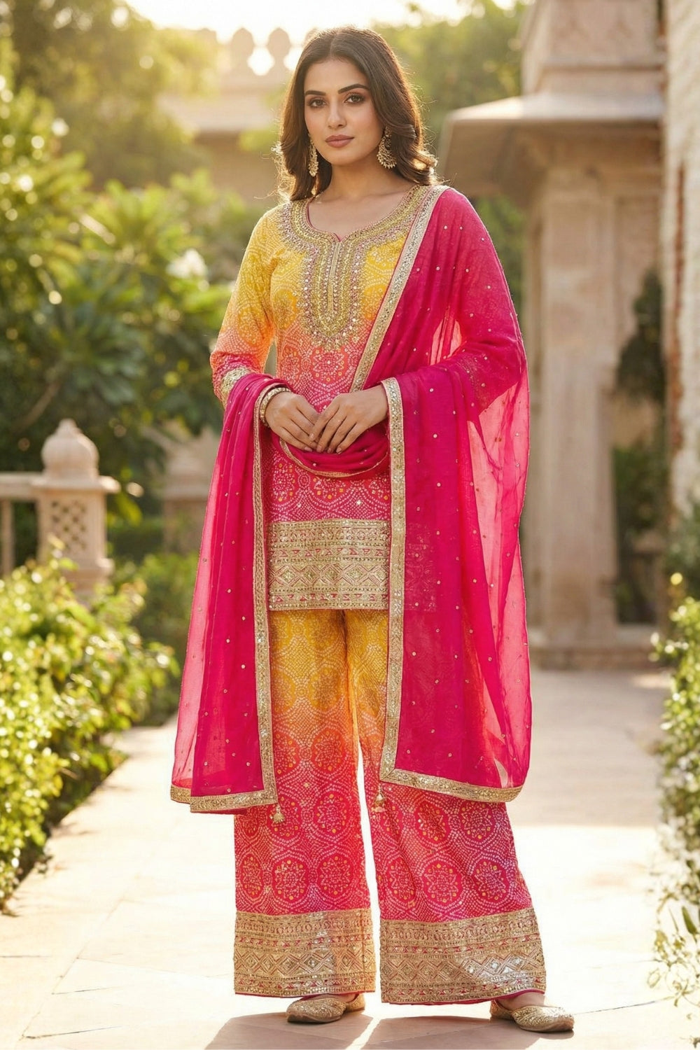 Yellow and Pink Chinon Palazzo Set with Embroidery and Sequins Work
