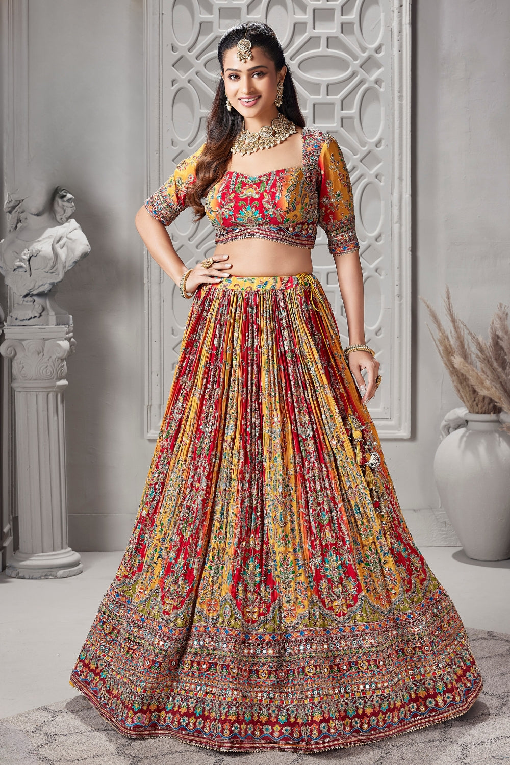Yellow and Red Chinon Lehenga Set with Sequins and Embroidery Work