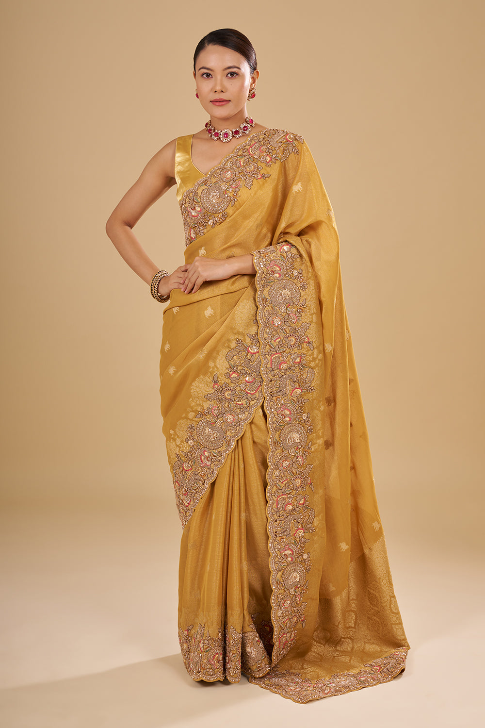 Antique Gold Tissue Saree with Zardozi Border and Unstitched Blouse