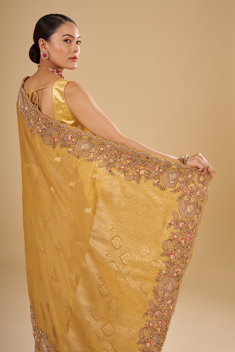 Antique Gold Tissue Saree with Zardozi Border and Unstitched Blouse