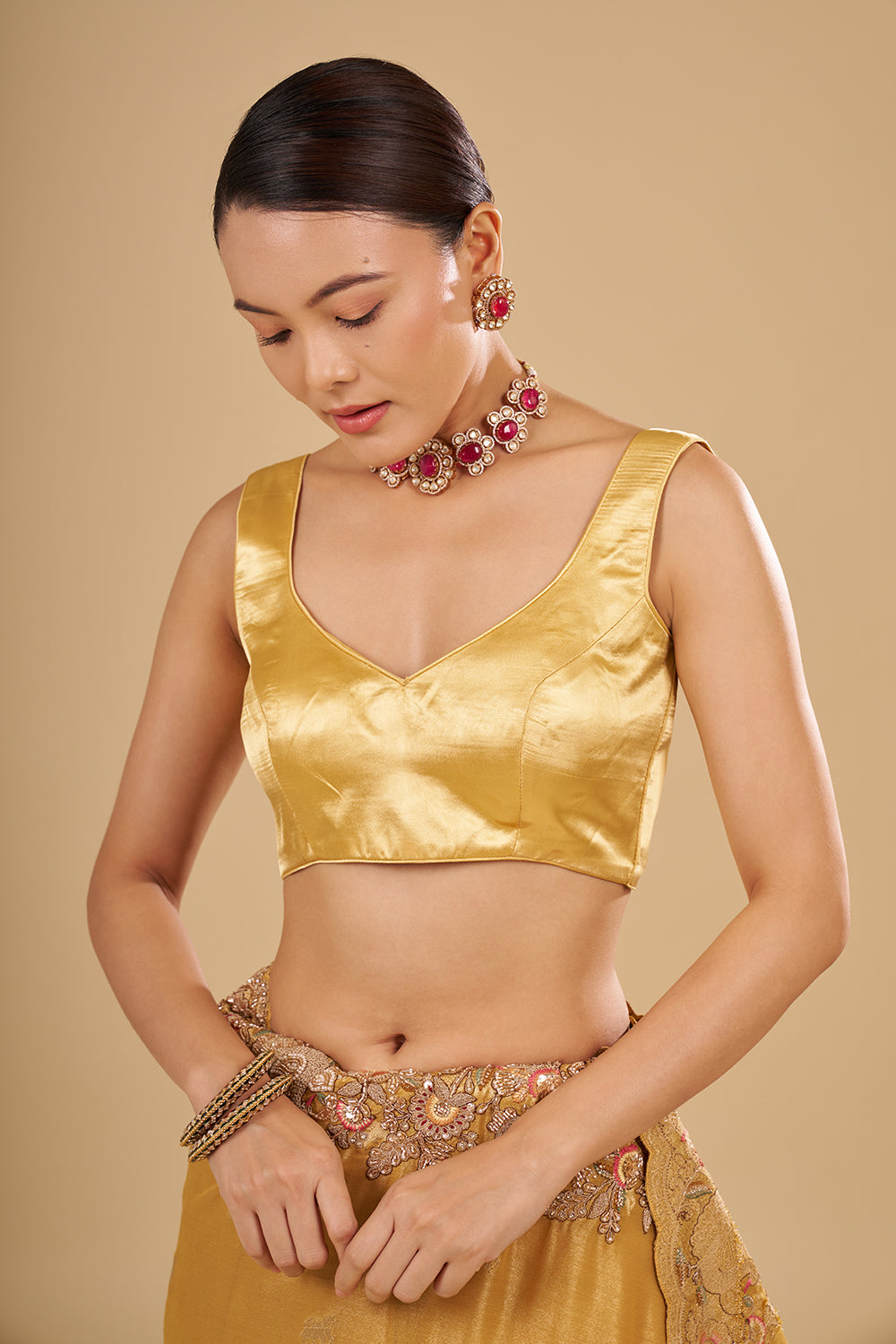 Antique Gold Tissue Saree with Zardozi Border and Unstitched Blouse