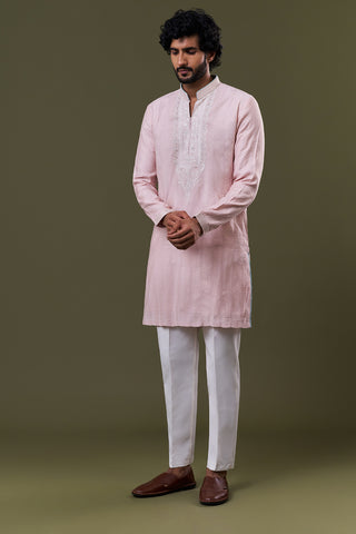 Baby Pink Polyester Cotton Resham Stone Kurta Set
