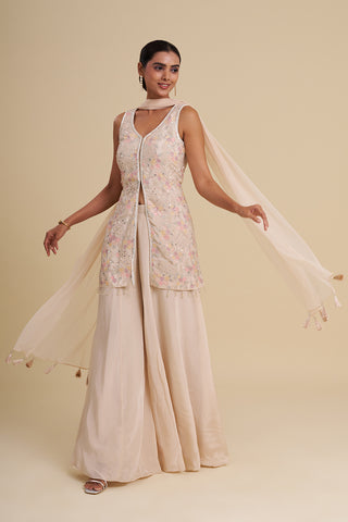 Beige Satin Organza Kurta Set with Floral Threadwork