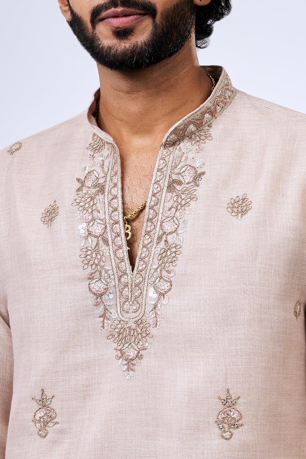 Beige Shimmer Cotton Heritage Border Embellished Kurta Set
