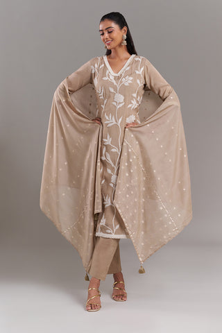 Beige Tissue Applique Kurta Set