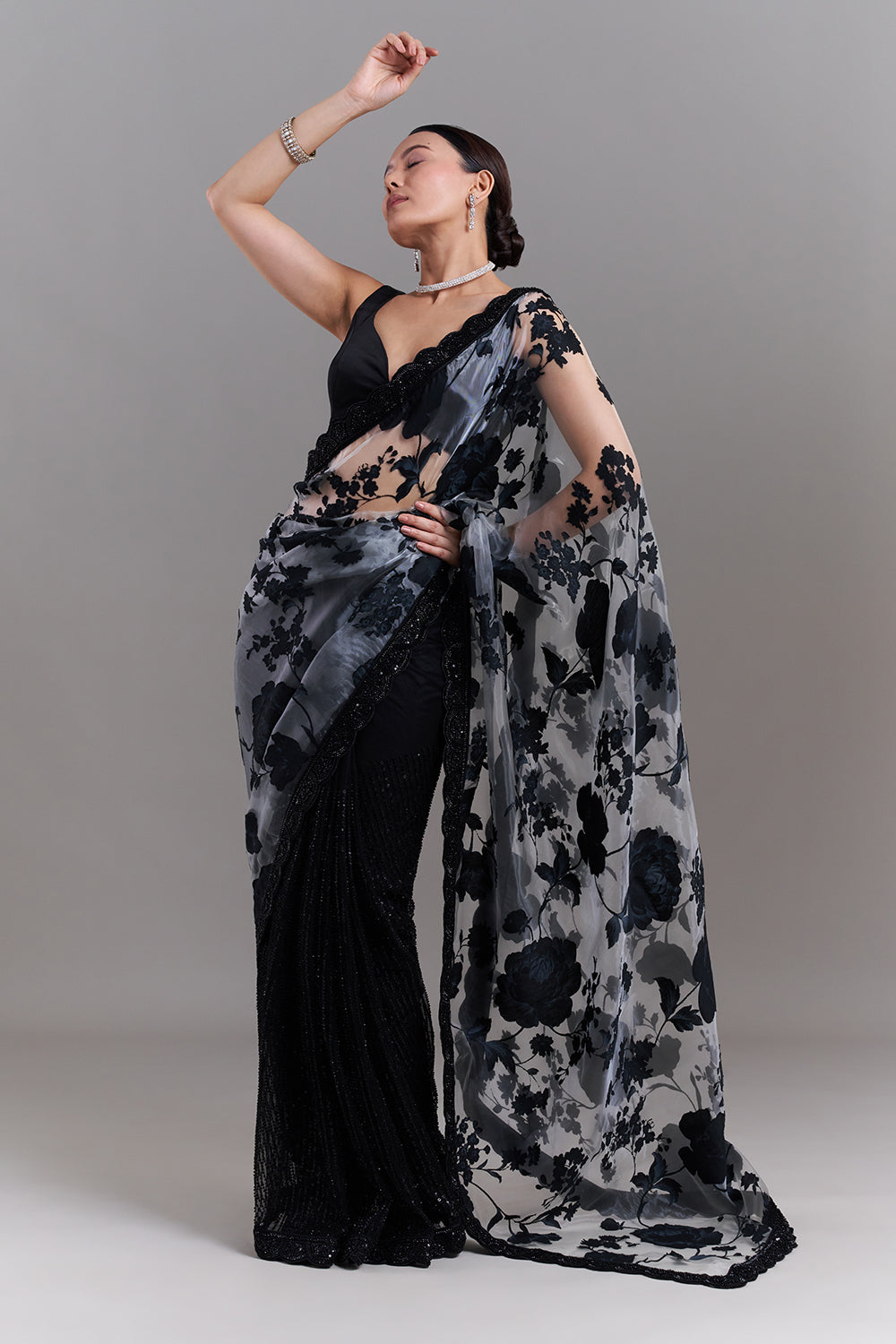 Black and Grey Satin Appliqué Saree
