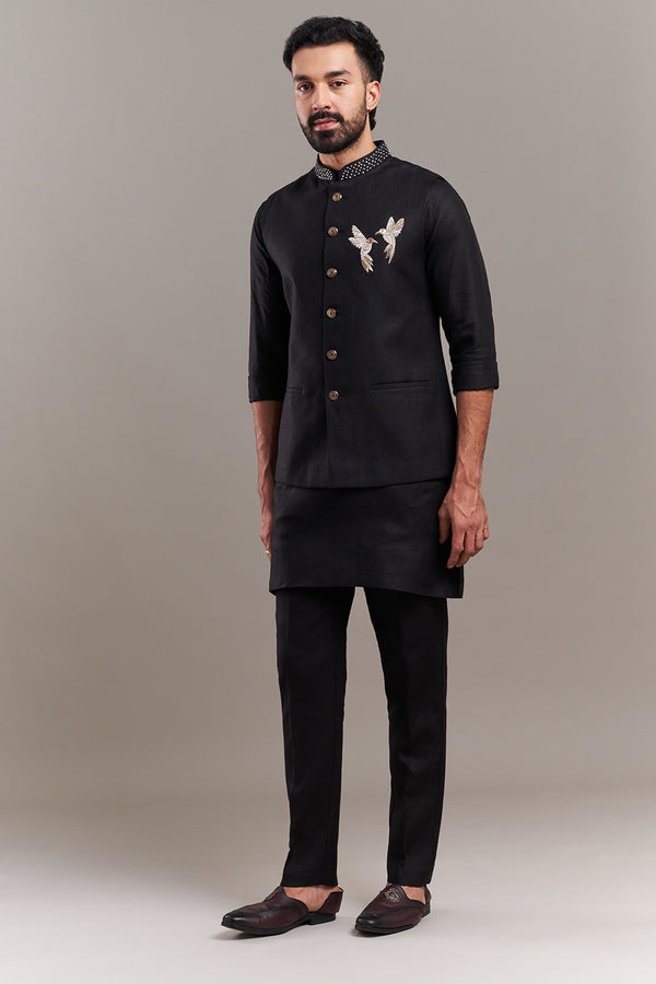 Black Cotton Jute Bird Motif Men's Kurta with Jacket