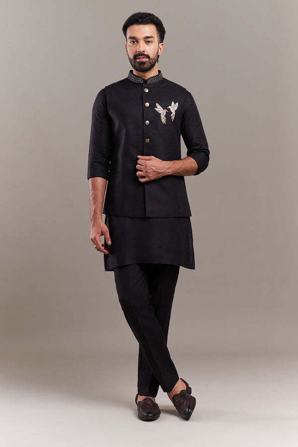 Black Cotton Jute Bird Motif Men's Kurta with Jacket