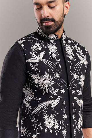 Black Cotton Jute Bird Motif Men's Jacket With Kurta