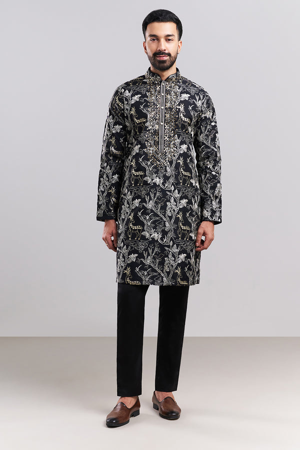 Black Cotton Men's Kurta Set with Nature-Inspired Motifs
