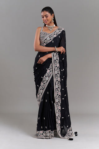 Black Crepe Embroidered Saree with Floral Border