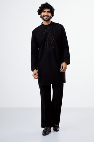 Black Embroidered Polyester Cotton Men's Kurta Set