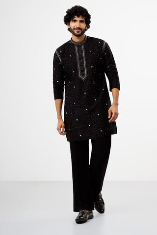 Black Micro Velvet Embroidered Men's Kurta Set