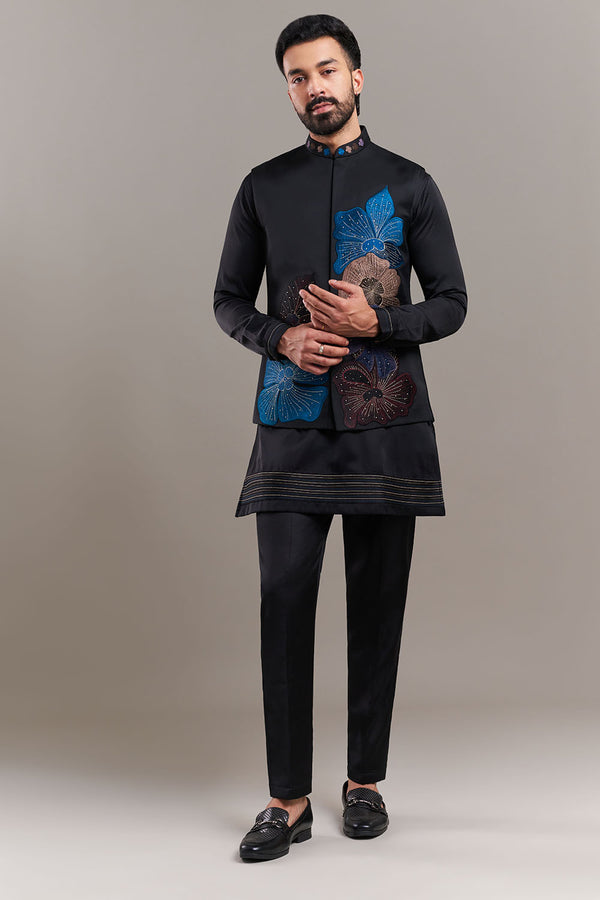 Black Nokia Silk Floral Appliqué Men's Kurta with Jacket