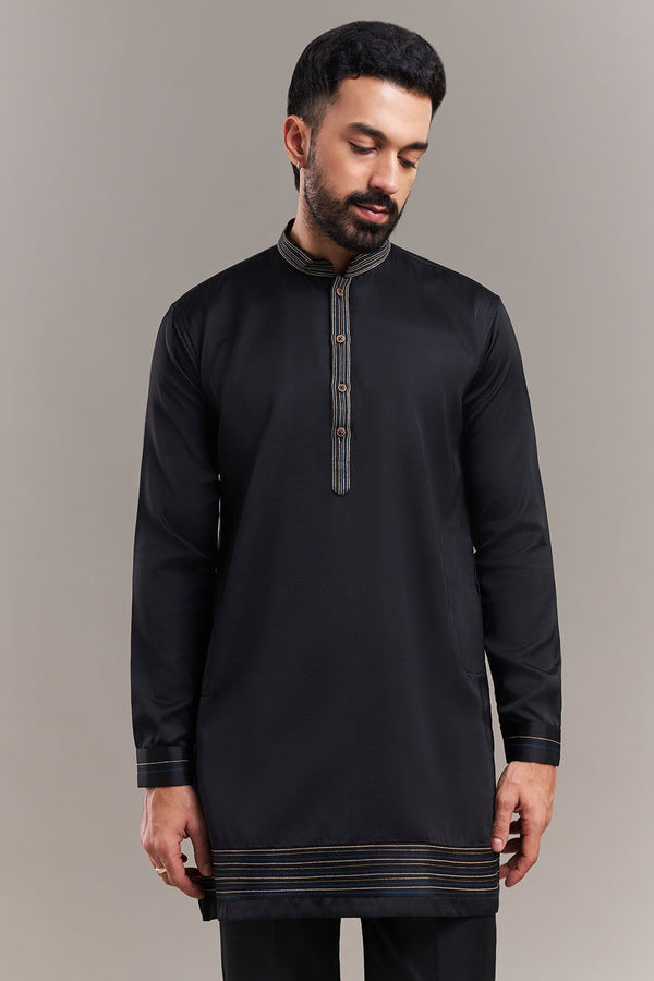 Black Nokia Silk Floral Appliqué Men's Kurta with Jacket