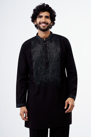 Black Polyester Cotton Sequins Work Men's Kurta Set