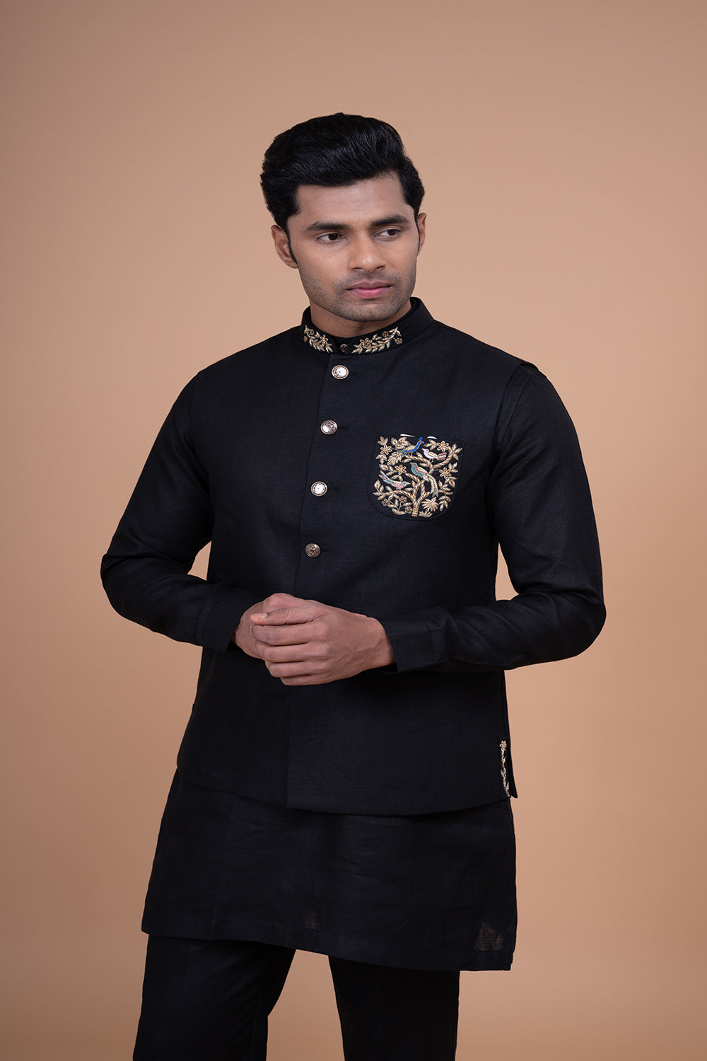 Buy Black Raw Silk Nehru Jacket