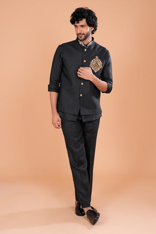 Black Regal Embroidered Bundi Set